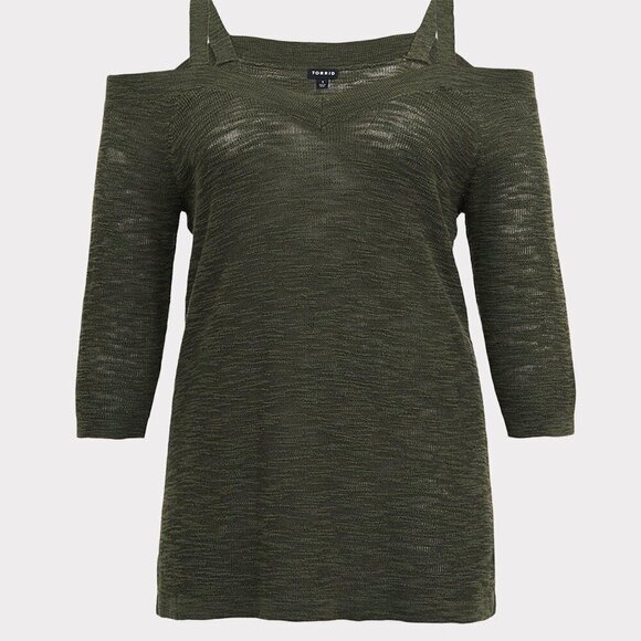 Torrid Slub Pullover Tunic V-Neck Cold Shoulder Sweater Fall 2x NWT NEW olive - Picture 5 of 11